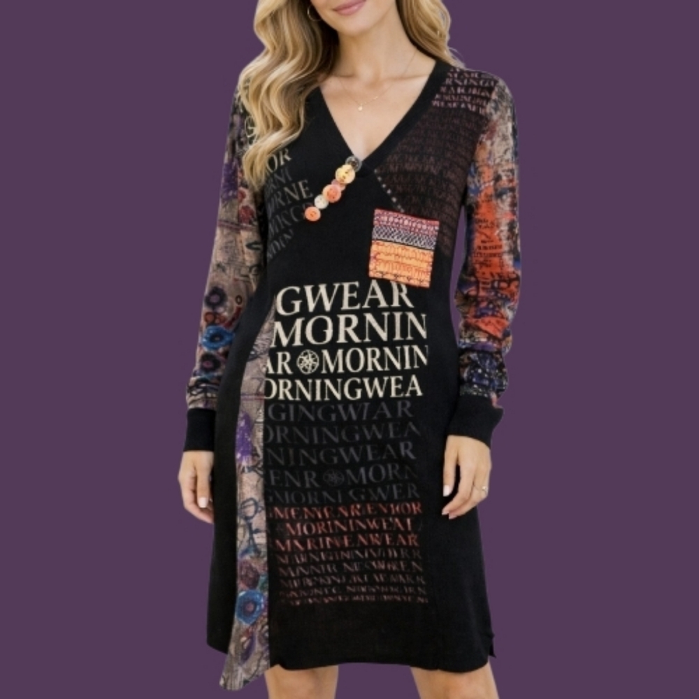 FARINELLI 1990s Black Graphic Artsy Abstract V-Neck Grunge Sweater Dress
